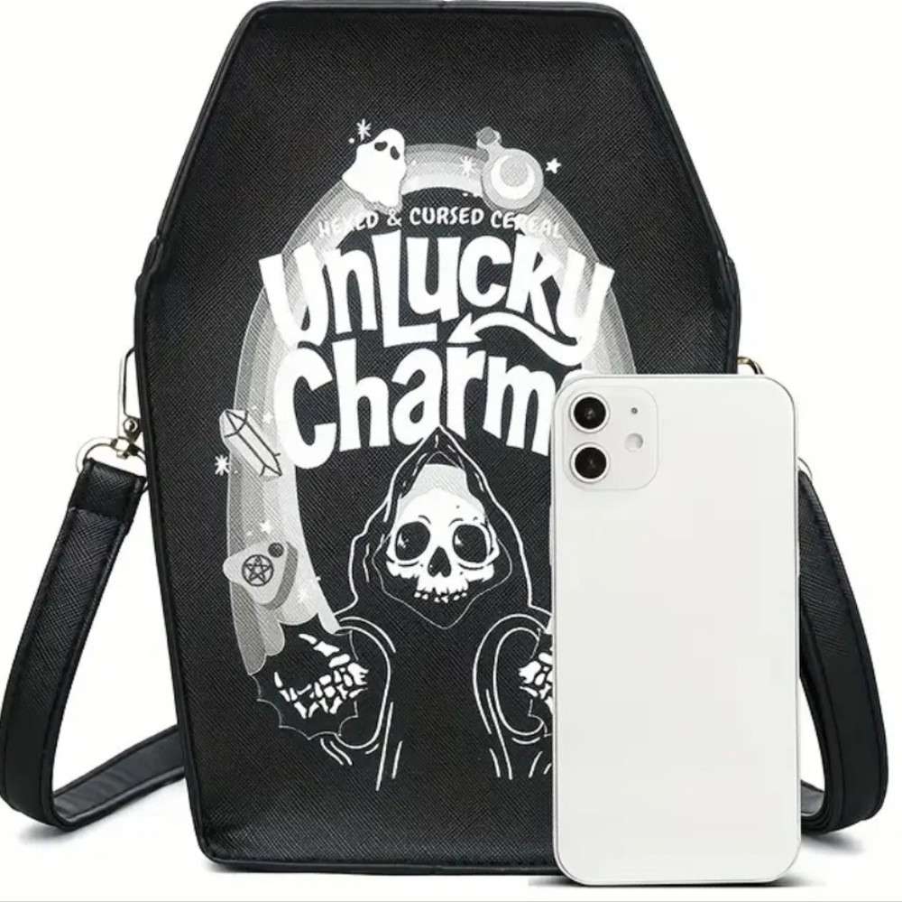 🆕️BLACK UNLUCKY CHARMS CEREAL GOTH VEGAN LEATHER COFFIN ZIPPERED CROSSBODY - Picture 6 of 16